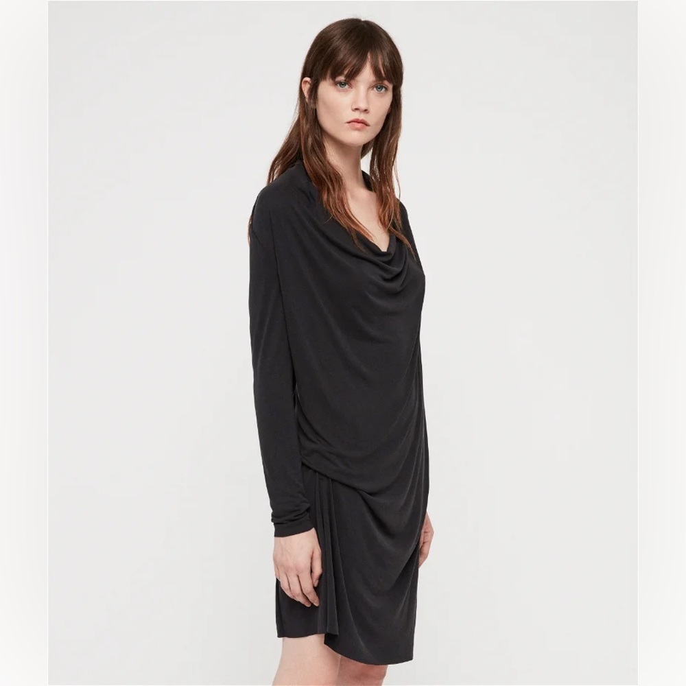 Allsaints Black Cupro Amei Long Sleeve Draped Mini Dress Size 0 EUC - Picture 2 of 12